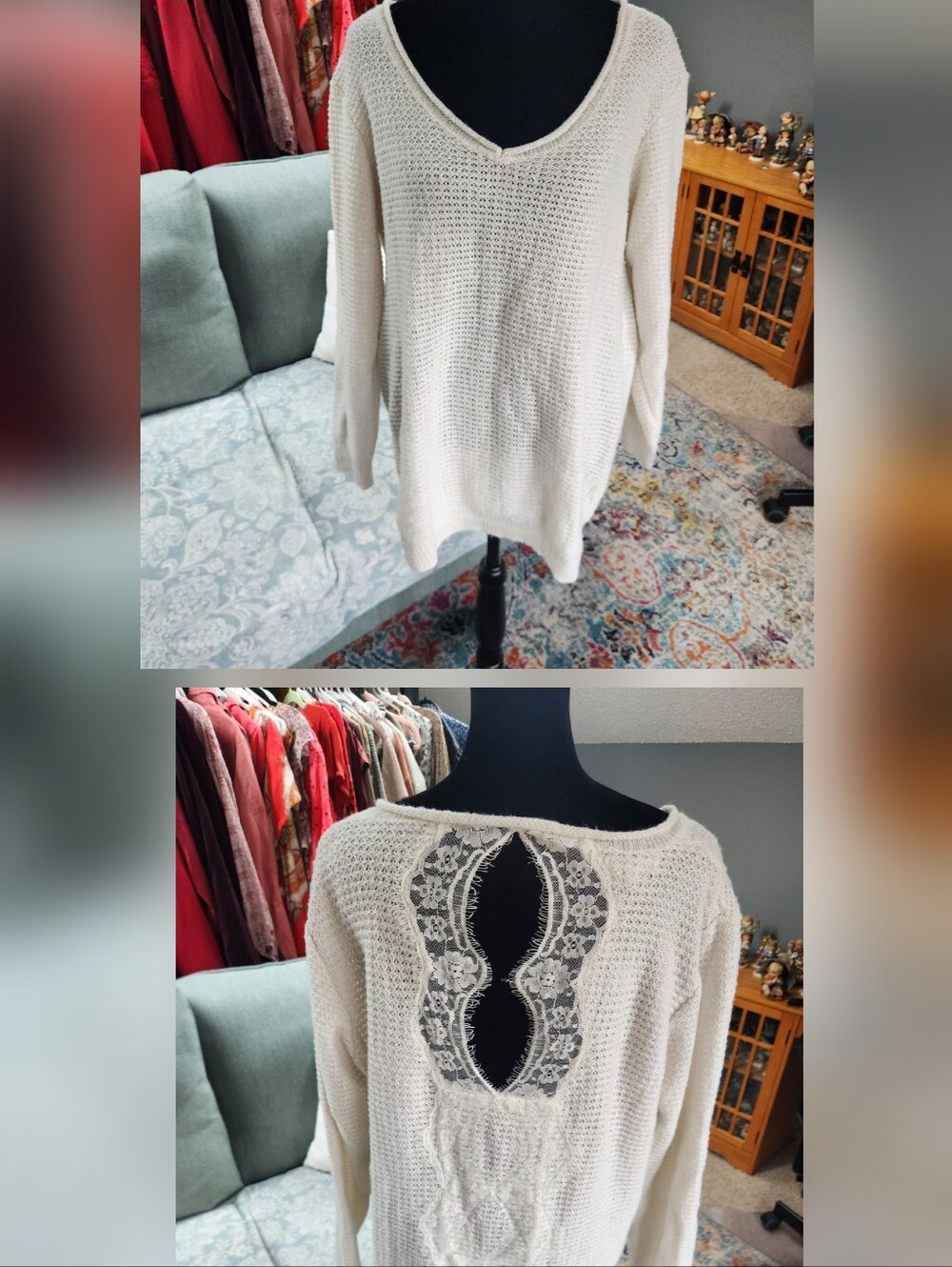 Maurices Cream Open-Knit V-Neck Sweater Playful Lace Back Detail Large
